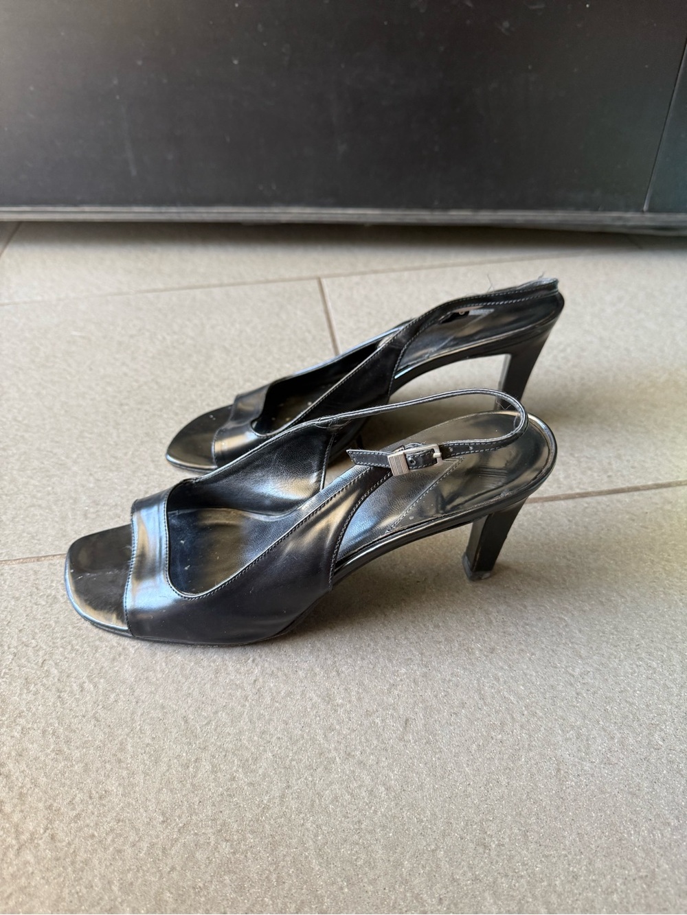 LAUREN Ralph Lauren Vintage Black Leather Slingback Heel OpenToe MadeinSpain 8AA